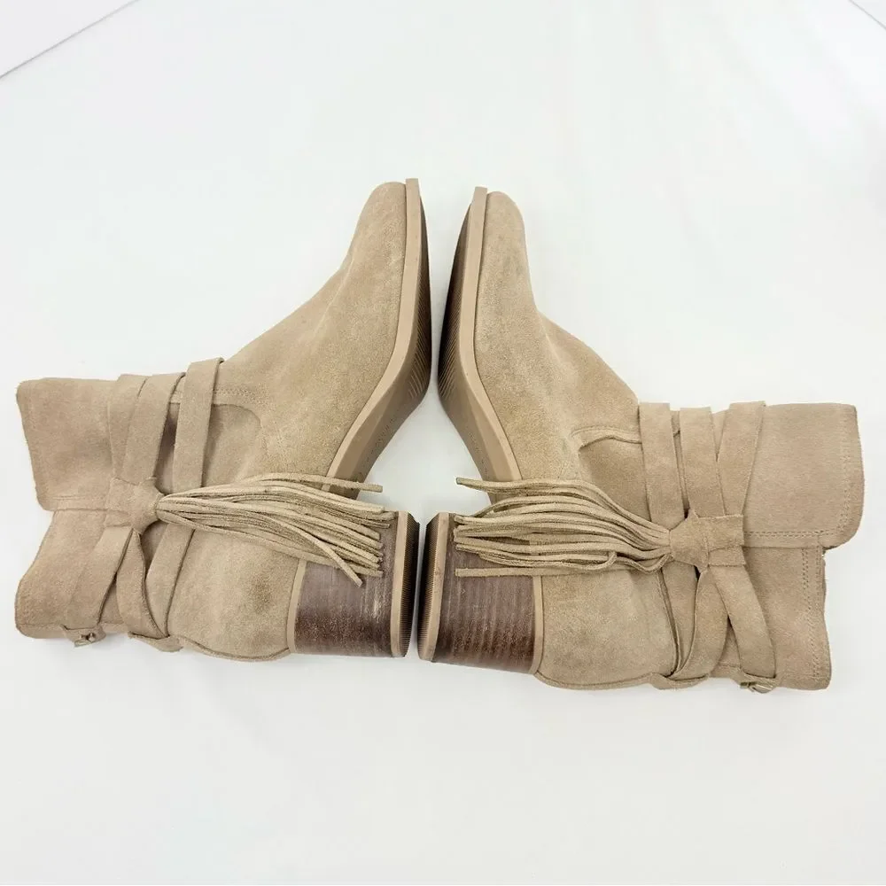 Kookaburra by UGG KENZ Taupe Suede Wrap Tassel Strap Heeled Ankle Boots